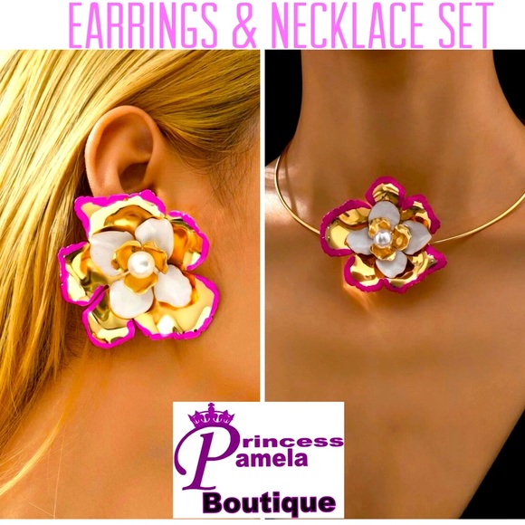 🟡Faux Pearl Flower Choker & Stud Earrings Set - Picture 2 of 11